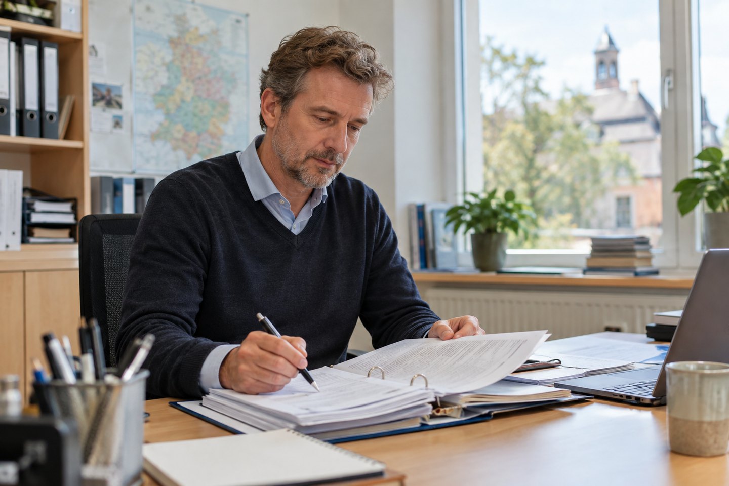 Amtsvormund prüft Fallunterlagen an einem kommunalen Arbeitsplatz Amtsvormund prüft Fallunterlagen an einem kommunalen Arbeitsplatz