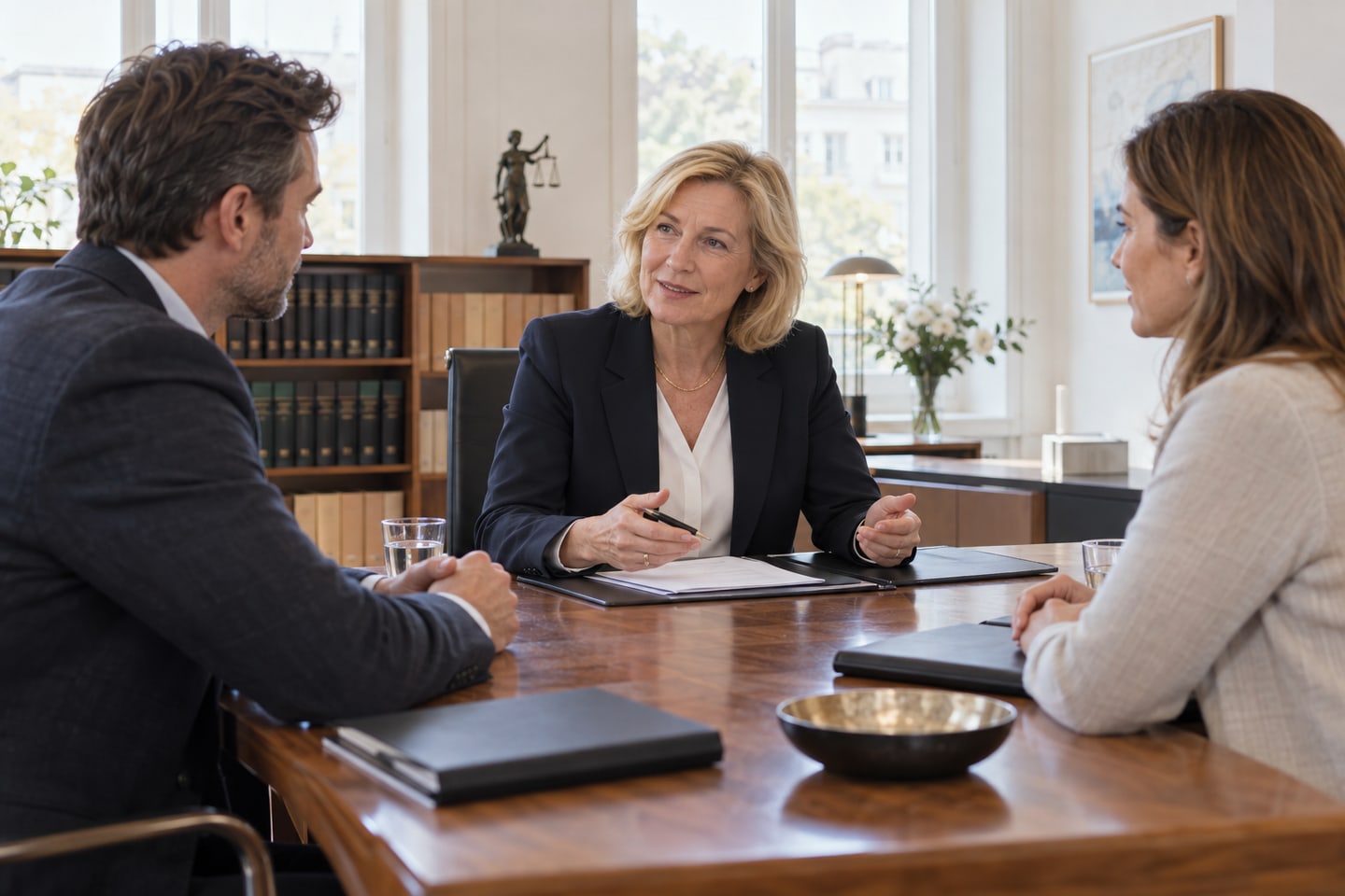 Anwaltsnotarin erläutert einem Paar Unterlagen in einem hellen Besprechungsraum Anwaltsnotarin erläutert einem Paar Unterlagen in einem hellen Besprechungsraum
