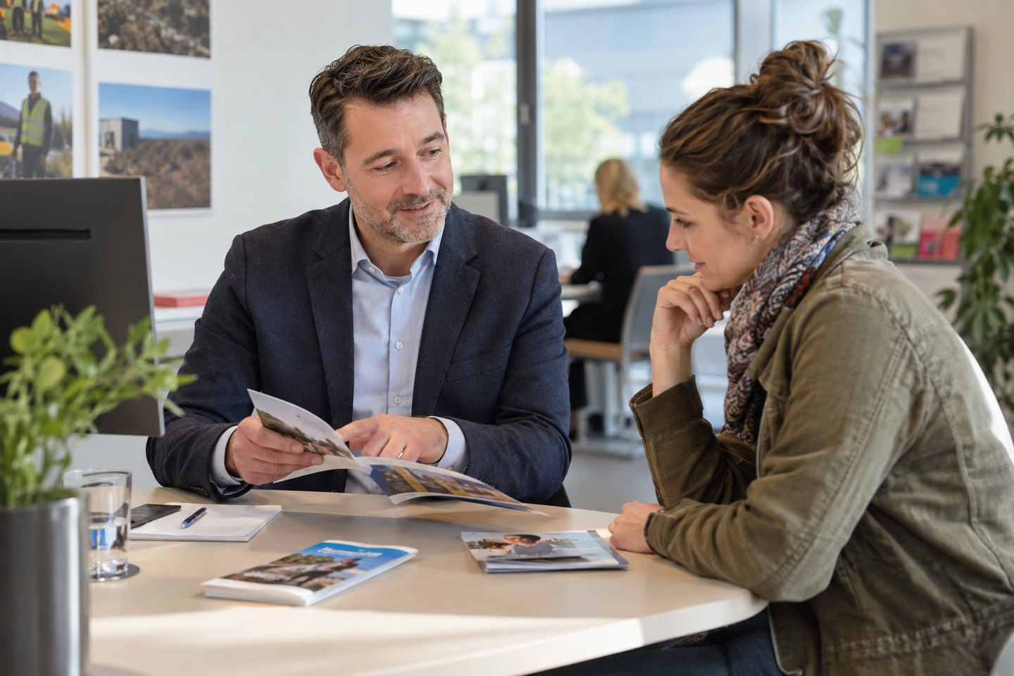 Arbeitsvermittler bespricht Bewerbungsunterlagen mit einer Arbeitssuchenden Arbeitsvermittler bespricht Bewerbungsunterlagen mit einer Arbeitssuchenden