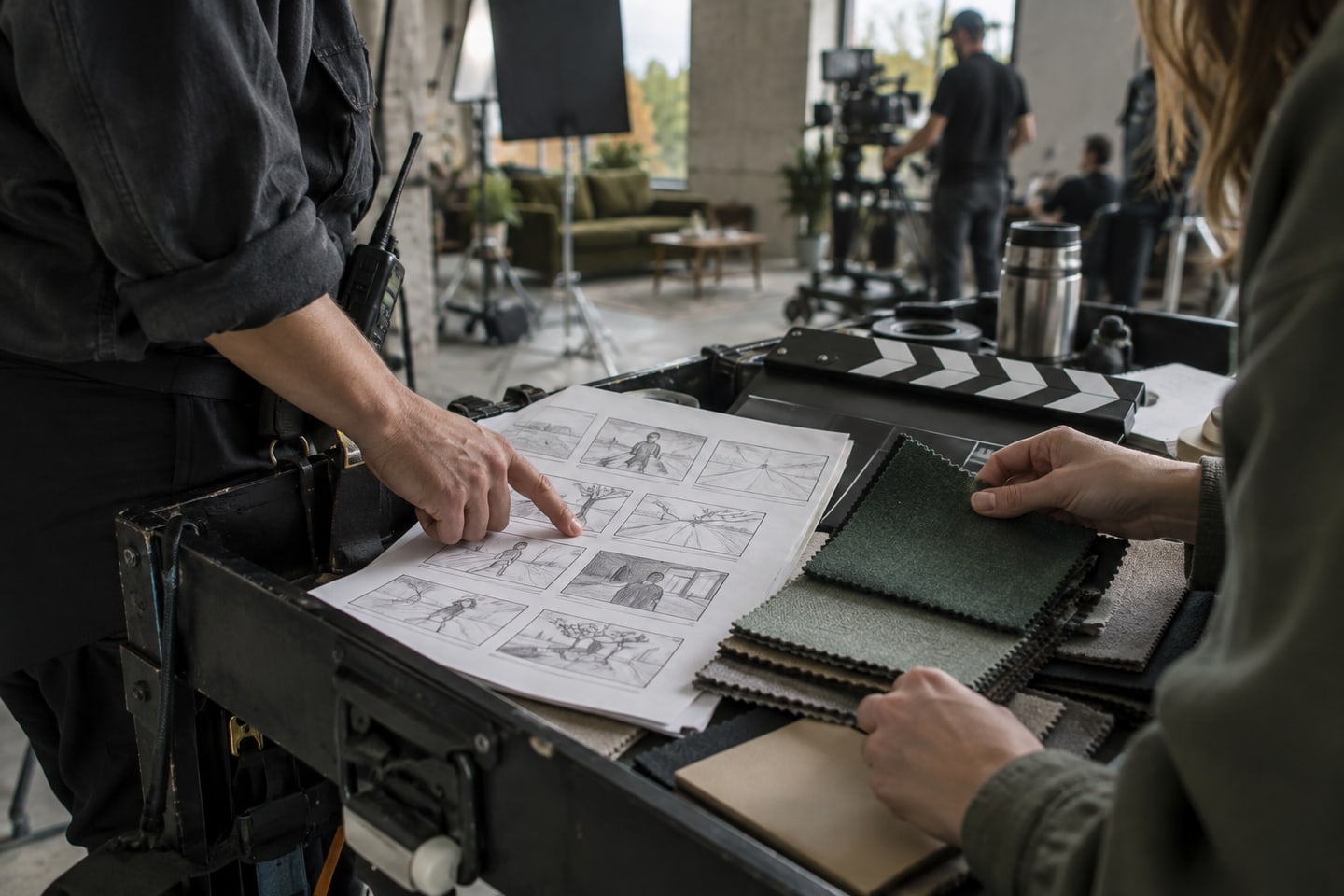 Storyboard, Materialproben und Produktionsunterlagen für eine Werbeaufnahme werden geprüft Storyboard, Materialproben und Produktionsunterlagen für eine Werbeaufnahme werden geprüft