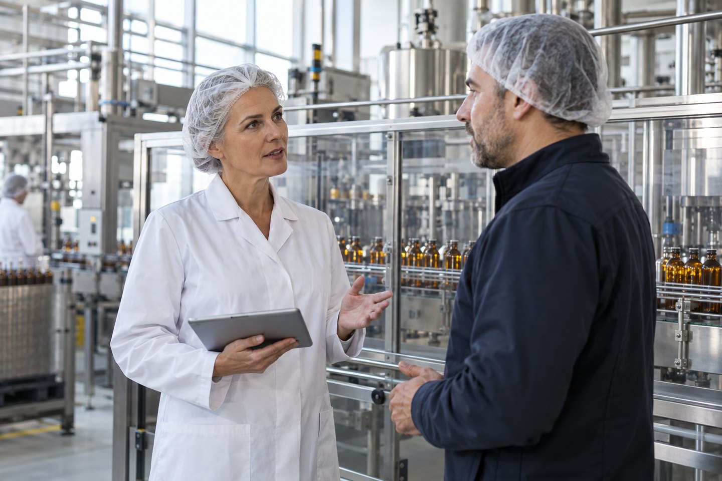 Auditorin prüft mit einem Produktionsverantwortlichen die Abläufe in einem Lebensmittelbetrieb Auditorin prüft mit einem Produktionsverantwortlichen die Abläufe in einem Lebensmittelbetrieb