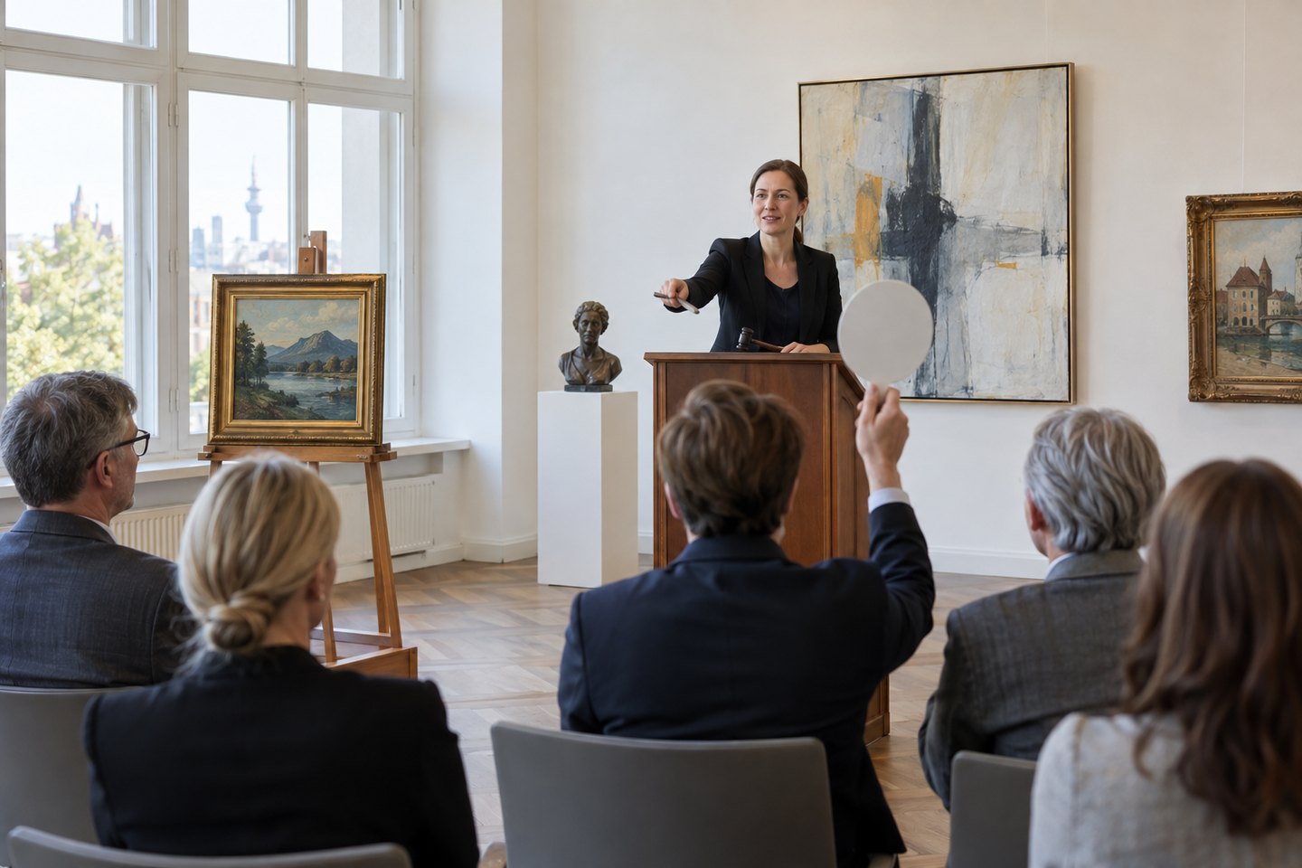 Auktionatorin leitet eine Kunstversteigerung vor sitzenden Bietern