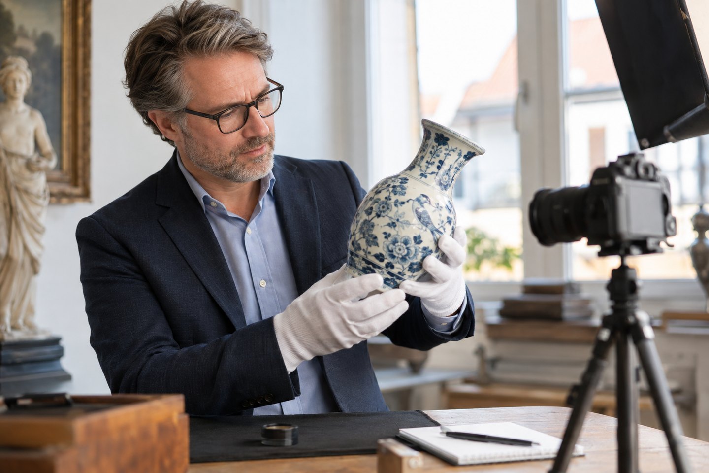 Auktionsfachmann begutachtet eine eingelieferte Vase vor der Katalogaufnahme