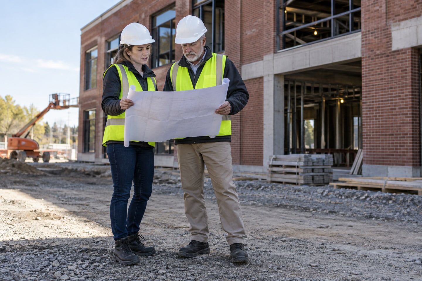 Bauleiterin und Bauleiter besprechen die Arbeiten vor einem Rohbau Bauleiterin und Bauleiter besprechen die Arbeiten vor einem Rohbau