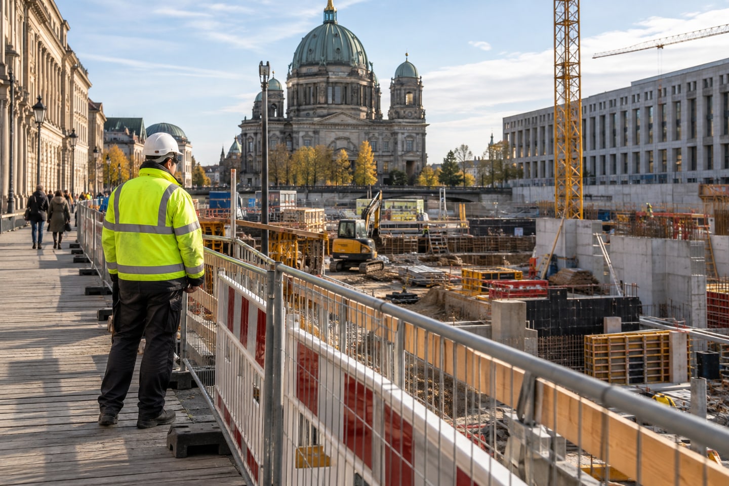 Bauarbeiter kontrolliert einen gesicherten Fußgängerweg am Rand einer Baustelle Bauarbeiter kontrolliert einen gesicherten Fußgängerweg am Rand einer Baustelle