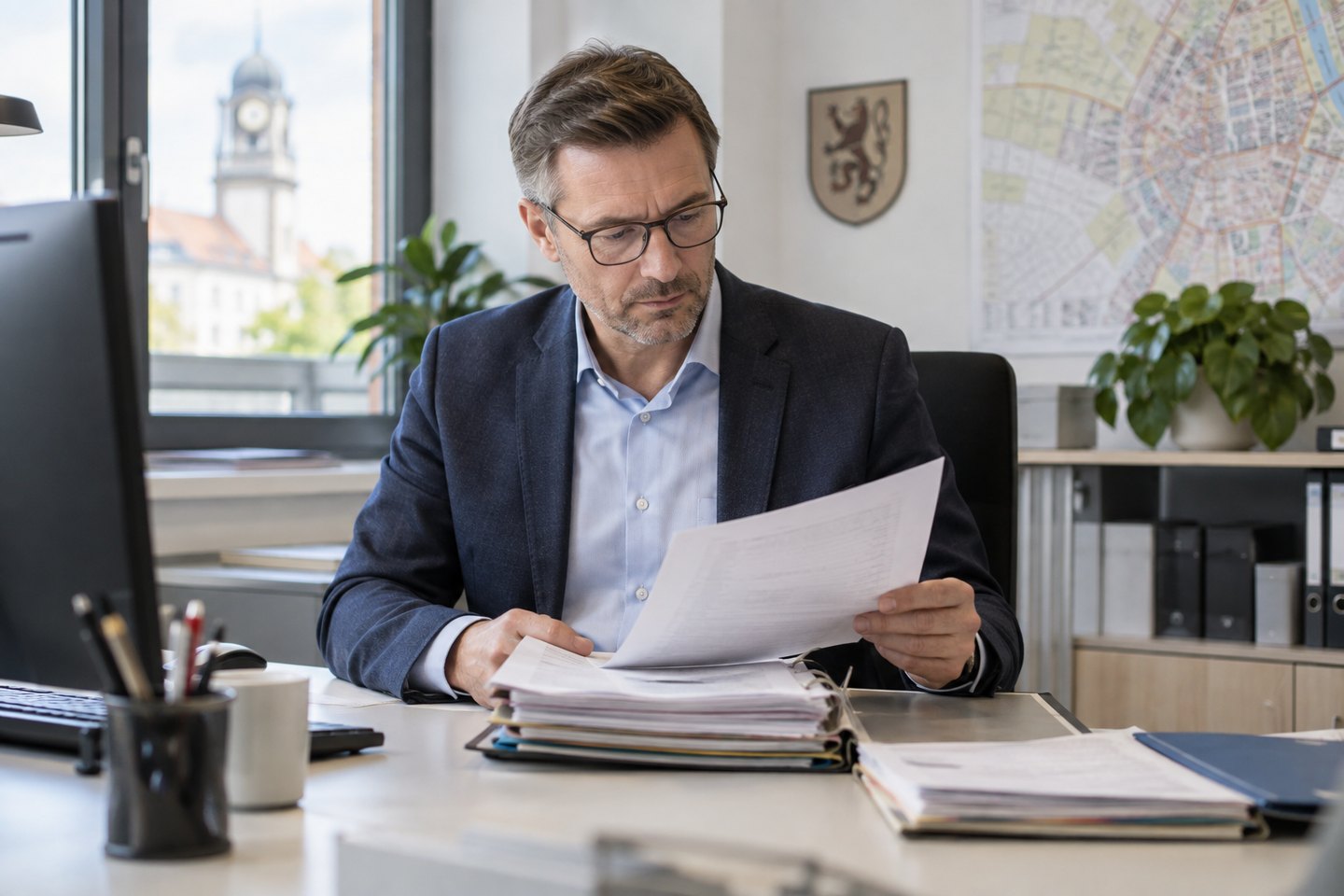 Verwaltungsbeamter prüft einen Antrag und zugehörige Unterlagen