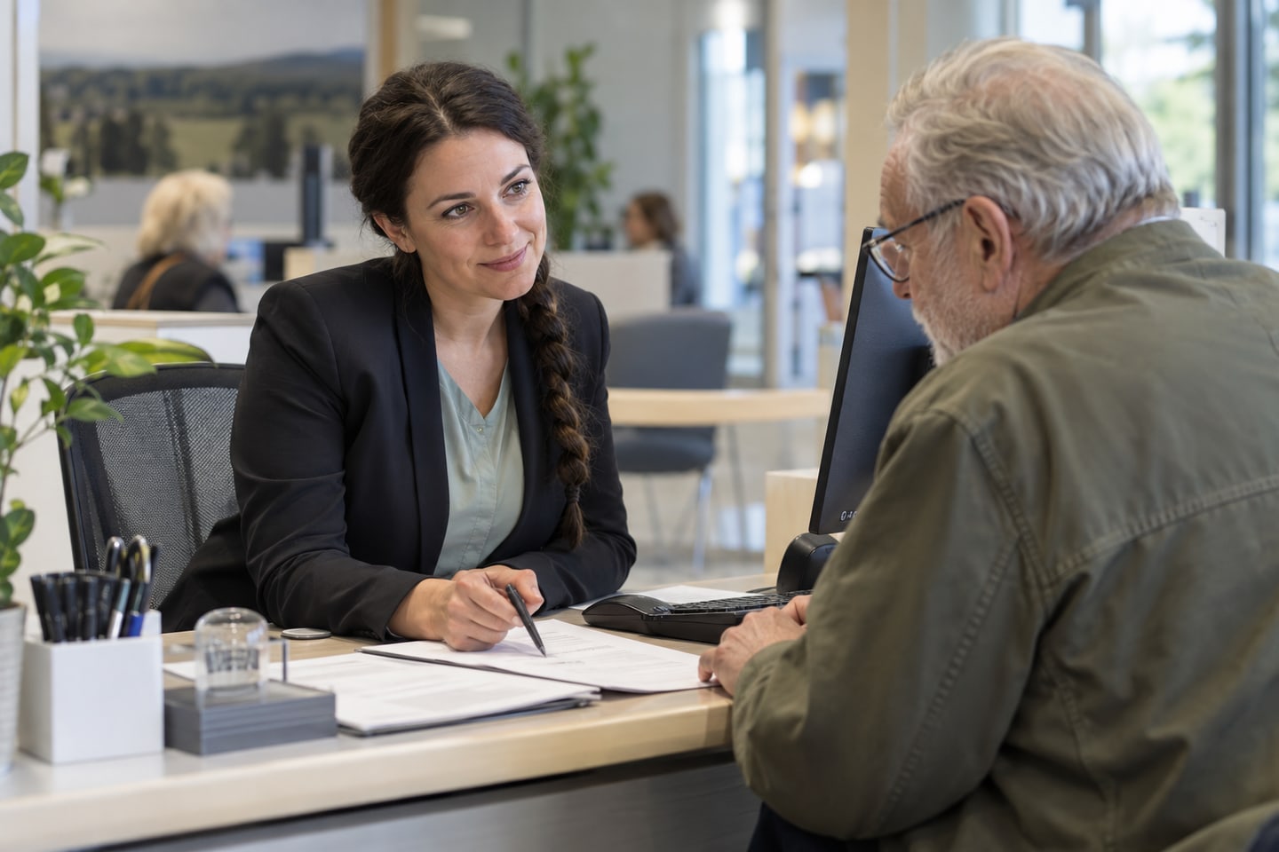Beschäftigte eines Sozialversicherungsträgers berät einen älteren Besucher an einem hellen Serviceschalter Beschäftigte eines Sozialversicherungsträgers berät einen älteren Besucher an einem hellen Serviceschalter