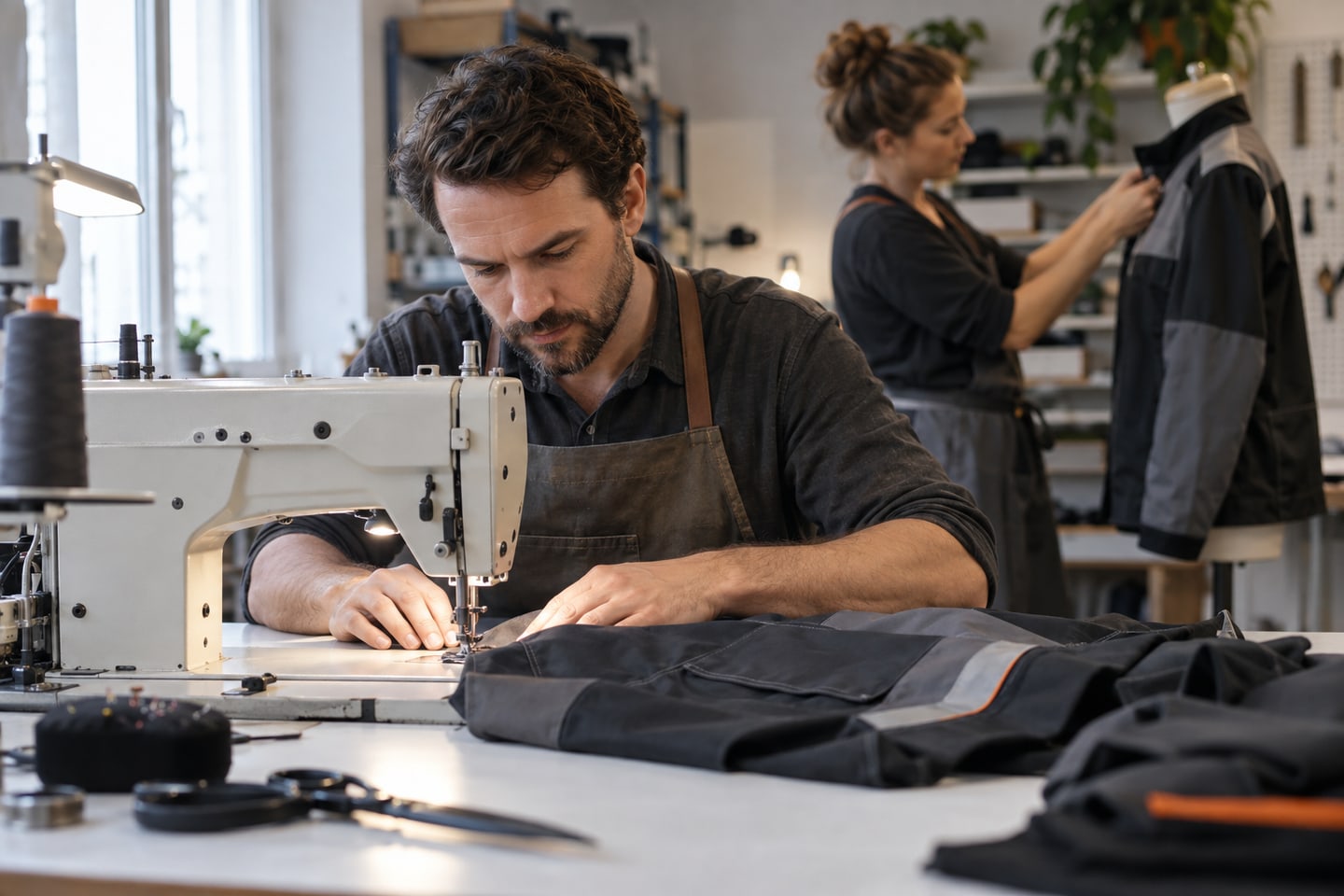 Textilhandwerker arbeitet an einer Nähmaschine in einer geordneten Werkstatt