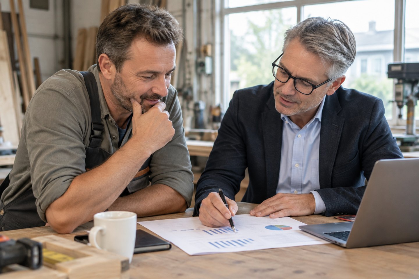 Berater bespricht eine betriebliche Finanzplanung mit einem Werkstattinhaber Berater bespricht eine betriebliche Finanzplanung mit einem Werkstattinhaber