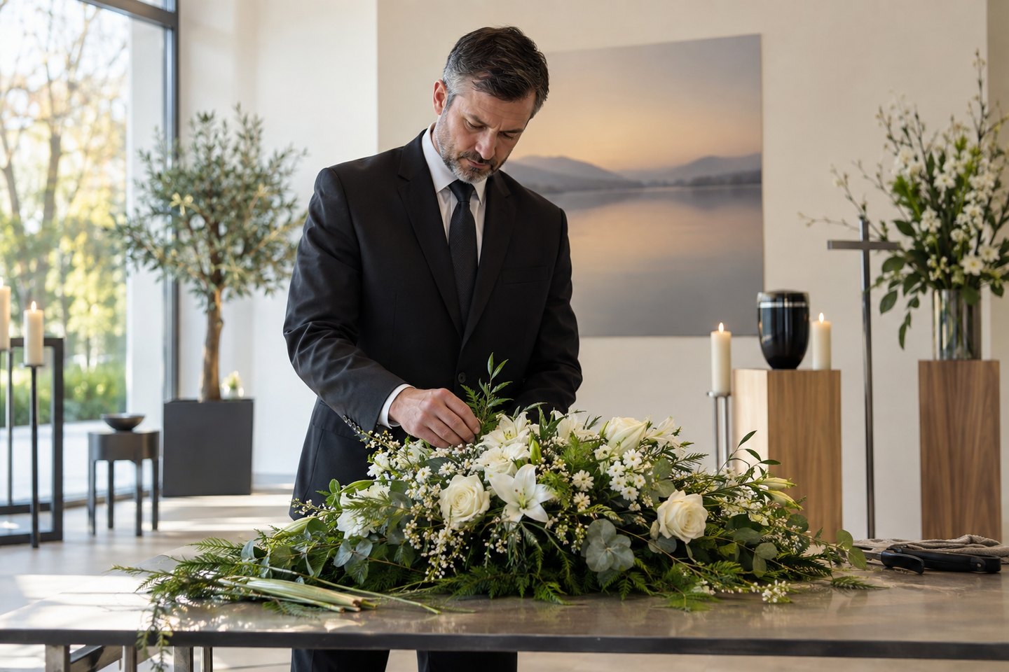 Bestatter bereitet Blumenschmuck in einem Abschiedsraum vor Bestatter bereitet Blumenschmuck in einem Abschiedsraum vor