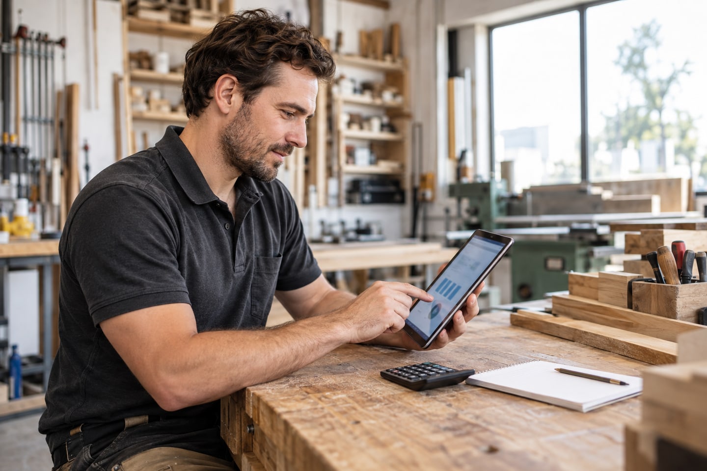 Selbstständiger prüft Betriebsdaten auf einem Tablet neben einem Taschenrechner Selbstständiger prüft Betriebsdaten auf einem Tablet neben einem Taschenrechner
