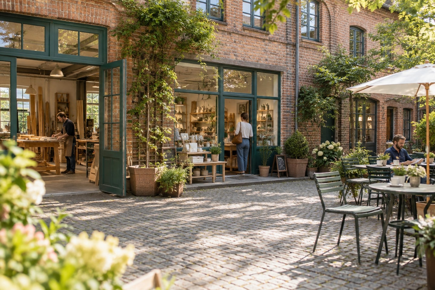 Moderner Gewerbehof mit Handwerksbetrieben, Ladenlokal und Café Moderner Gewerbehof mit Handwerksbetrieben, Ladenlokal und Café