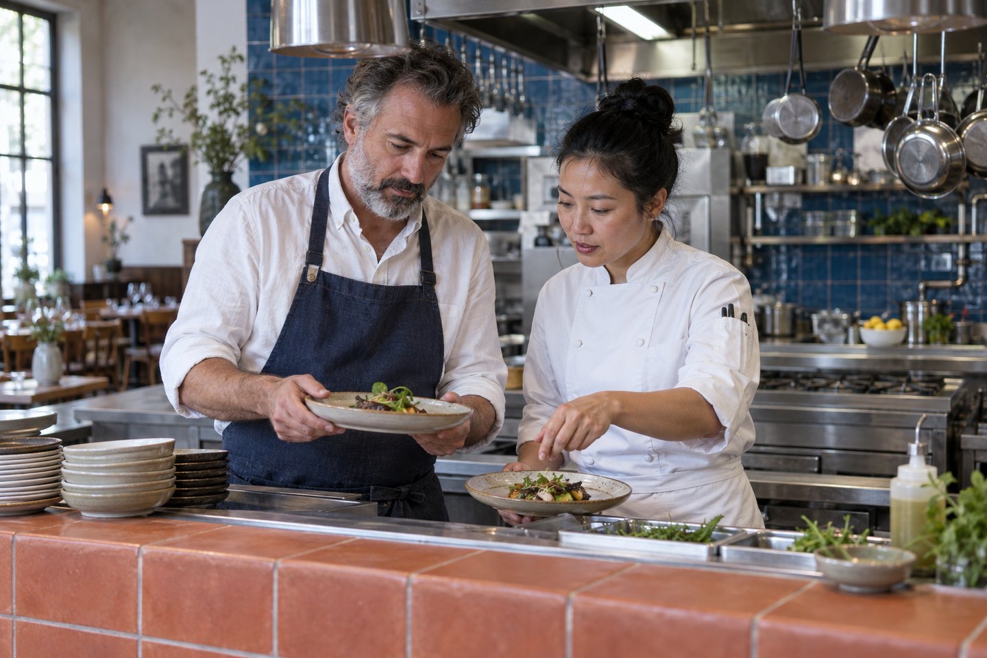 Restaurantinhaber und Köchin an der Speisenausgabe – Betriebshaftpflicht für Gastronomen