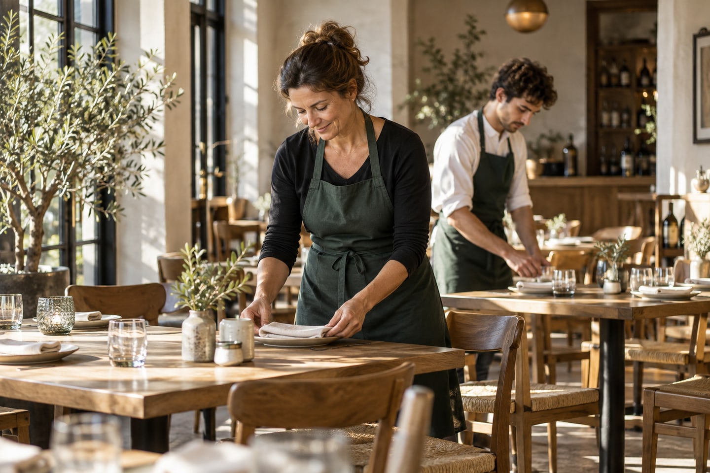 Restaurantinhaberin und Servicemitarbeiter bereiten den Gastraum für ihre Gäste vor Restaurantinhaberin und Servicemitarbeiter bereiten den Gastraum für ihre Gäste vor