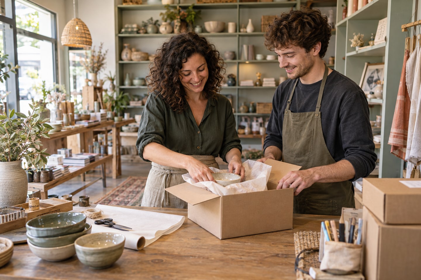 Händlerin und Mitarbeiter bereiten Waren für den Versand ihres Onlineshops vor Händlerin und Mitarbeiter bereiten Waren für den Versand ihres Onlineshops vor