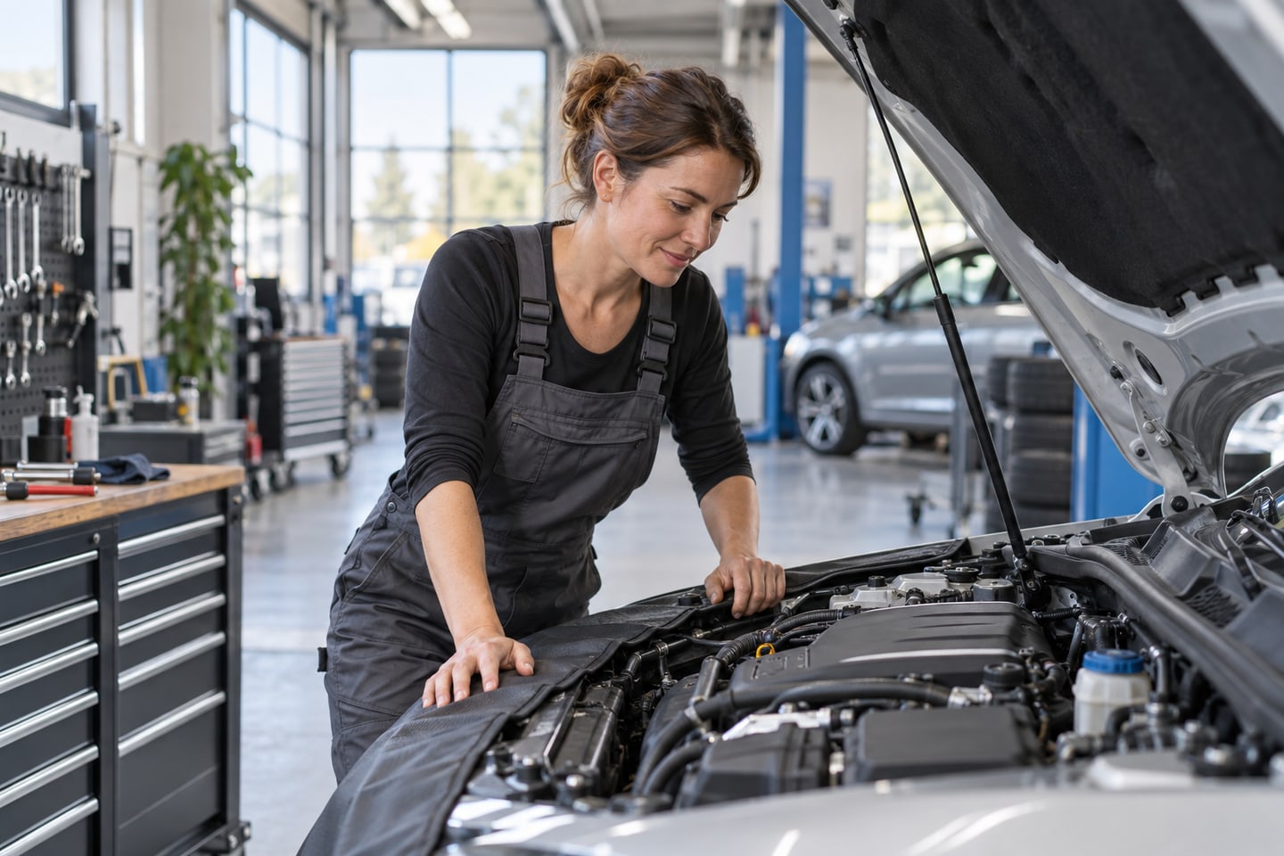 Kfz-Mechatronikerin kontrolliert ein Kundenfahrzeug in einer modernen Autowerkstatt Kfz-Mechatronikerin kontrolliert ein Kundenfahrzeug in einer modernen Autowerkstatt
