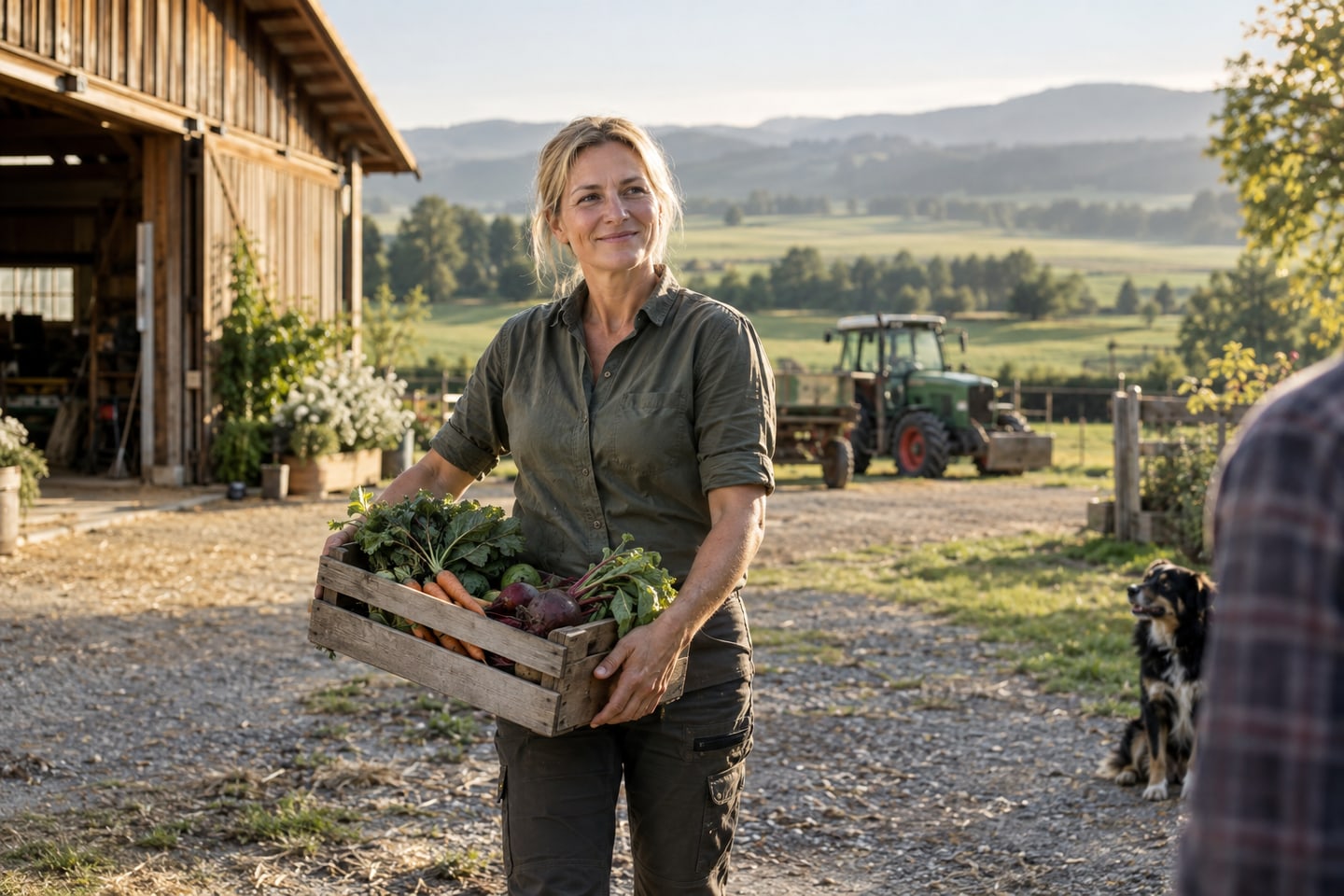Landwirtin auf ihrem Hof zwischen Wirtschaftsgebäude und Feldern