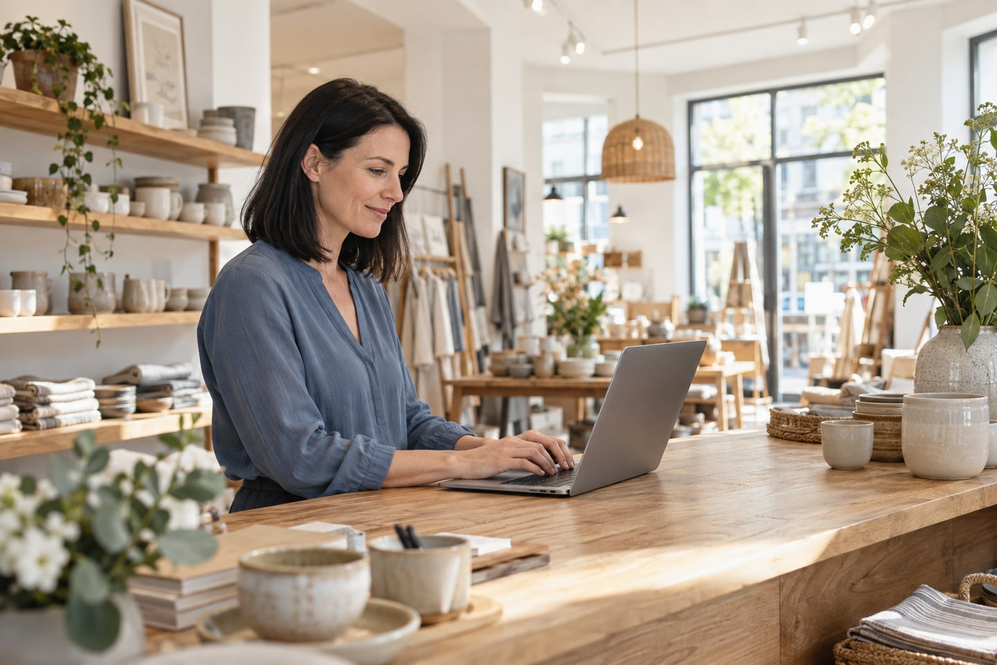 Unternehmerin nutzt einen Laptop für eine Anfrage in ihrem Ladengeschäft Unternehmerin nutzt einen Laptop für eine Anfrage in ihrem Ladengeschäft