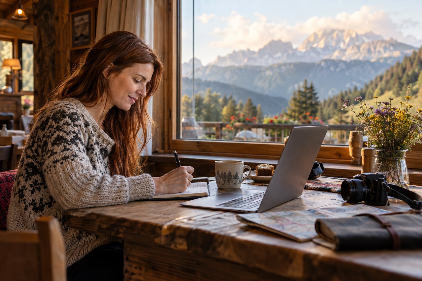 Bloggerin arbeitet an einem Reiseartikel mit Kamera und Notizen im Gästehaus Bloggerin arbeitet an einem Reiseartikel mit Kamera und Notizen im Gästehaus