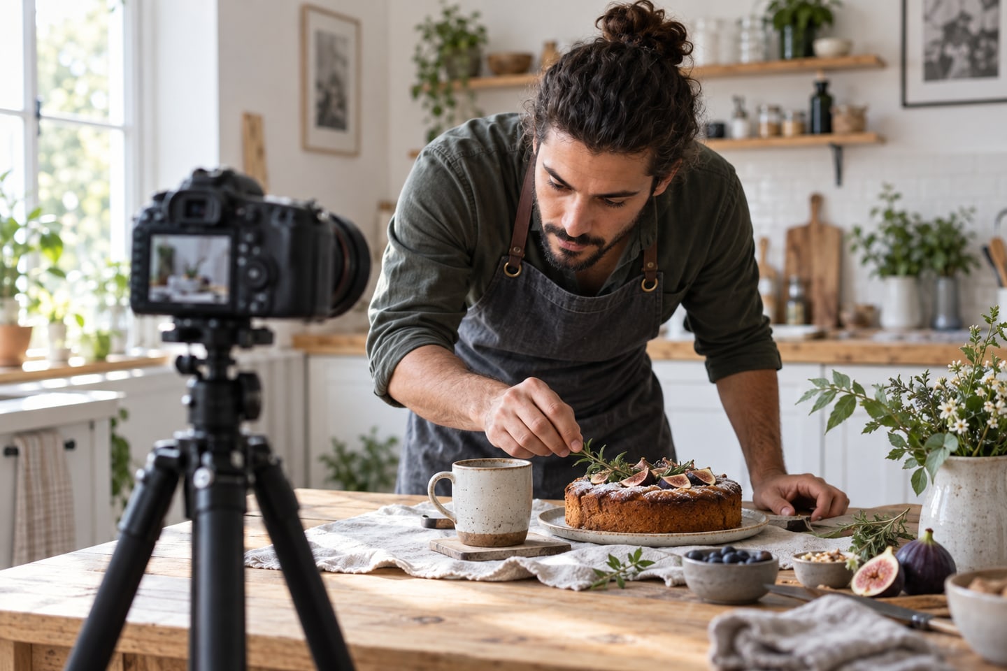 Foodblogger bereitet eine Fotoaufnahme in einer hellen Küche vor Foodblogger bereitet eine Fotoaufnahme in einer hellen Küche vor