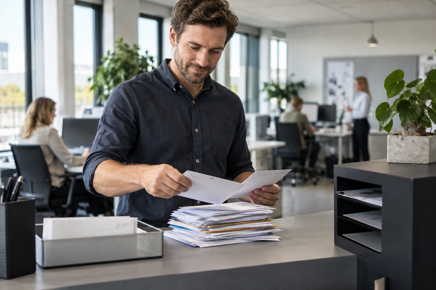 Mitarbeiter eines Büroservice sortiert eingegangene Geschäftsunterlagen Mitarbeiter eines Büroservice sortiert eingegangene Geschäftsunterlagen