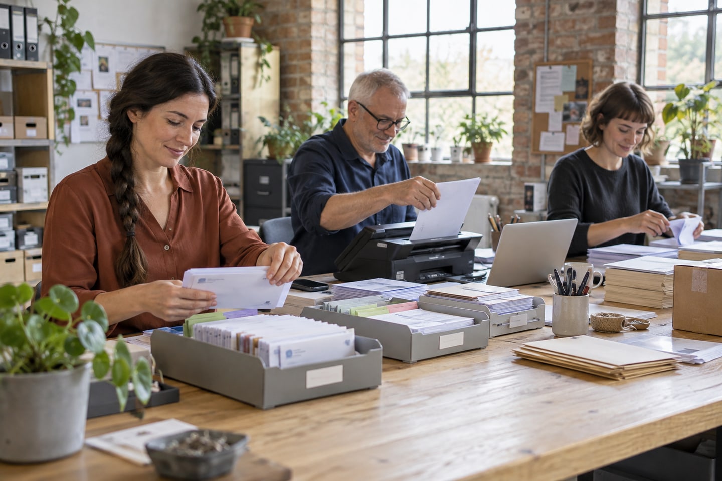 Team eines Büroserviceunternehmens bearbeitet Kundenpost und Dokumente an getrennten Arbeitsplätzen Team eines Büroserviceunternehmens bearbeitet Kundenpost und Dokumente an getrennten Arbeitsplätzen