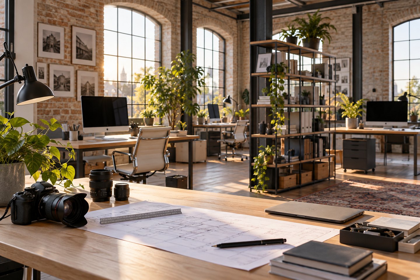 Arbeitsplätze und technische Ausstattung in einem hellen Gewerbebüro Arbeitsplätze und technische Ausstattung in einem hellen Gewerbebüro