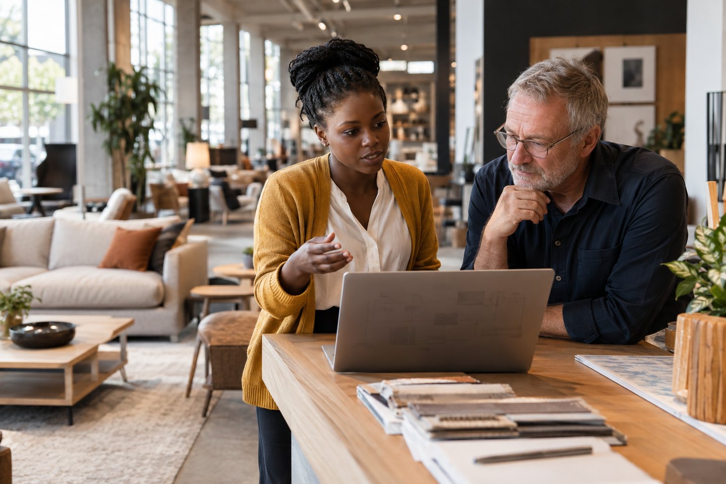 Business Analystin bespricht Anforderungen an ein neues System mit einem Einzelhändler Business Analystin bespricht Anforderungen an ein neues System mit einem Einzelhändler