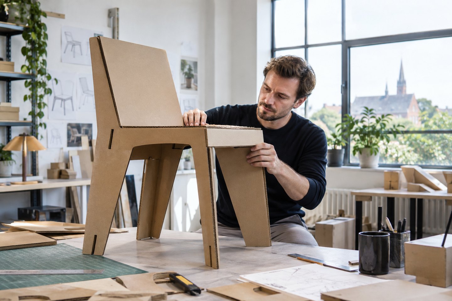 Produktdesigner entwickelt ein Möbelmodell im Atelier Produktdesigner entwickelt ein Möbelmodell im Atelier