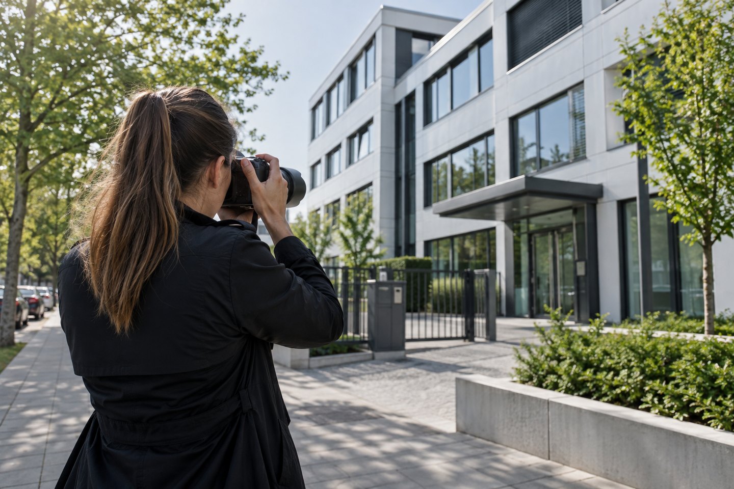 Detektivin dokumentiert ein Gewerbeobjekt von einem öffentlichen Gehweg aus Detektivin dokumentiert ein Gewerbeobjekt von einem öffentlichen Gehweg aus