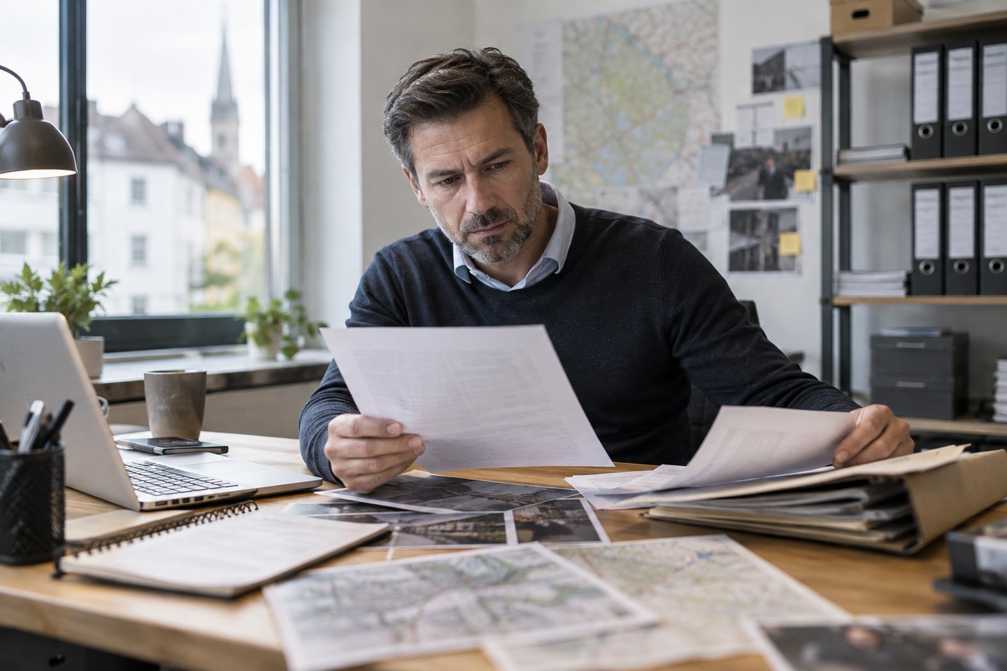 Detektiv wertet sachlich dokumentierte Beobachtungen an seinem Arbeitsplatz aus Detektiv wertet sachlich dokumentierte Beobachtungen an seinem Arbeitsplatz aus