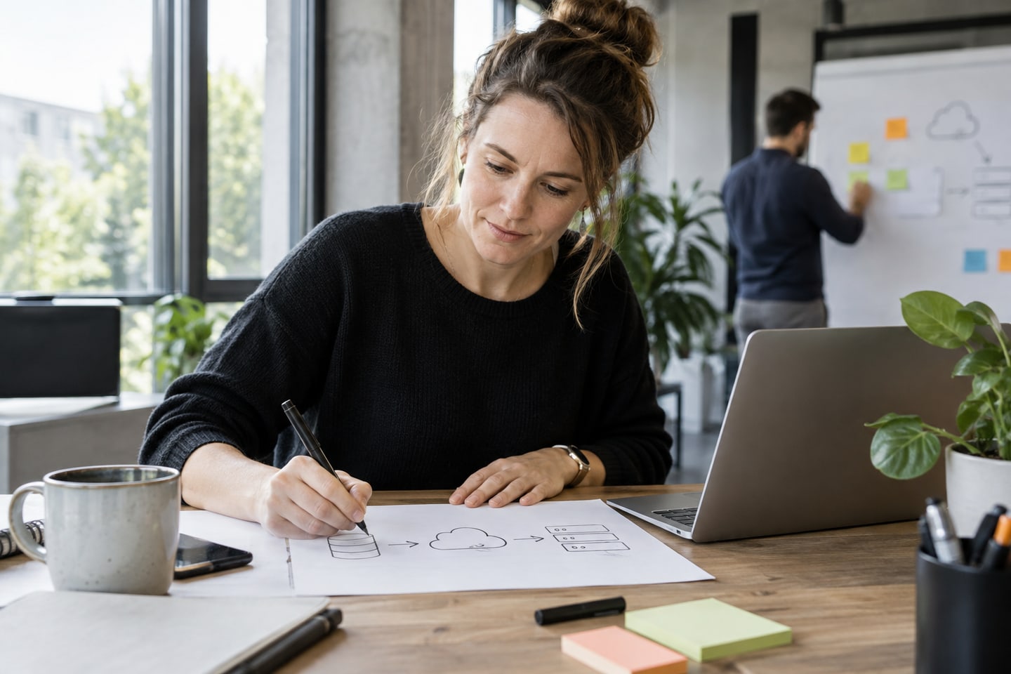 EDV-Beraterin plant eine Datenmigration mit Skizze und Laptop EDV-Beraterin plant eine Datenmigration mit Skizze und Laptop