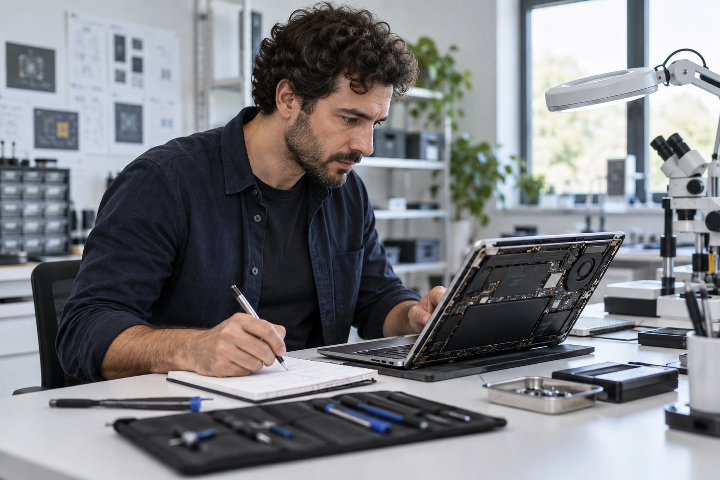 EDV-Gutachter untersucht einen Laptop und dokumentiert technische Feststellungen EDV-Gutachter untersucht einen Laptop und dokumentiert technische Feststellungen