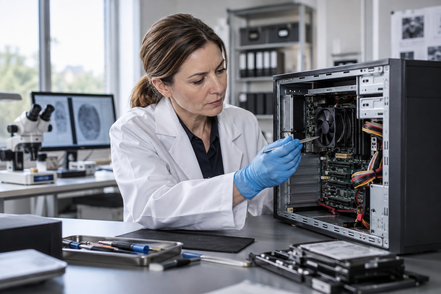 EDV-Sachverständige untersucht ein Computersystem im technischen Prüfraum EDV-Sachverständige untersucht ein Computersystem im technischen Prüfraum