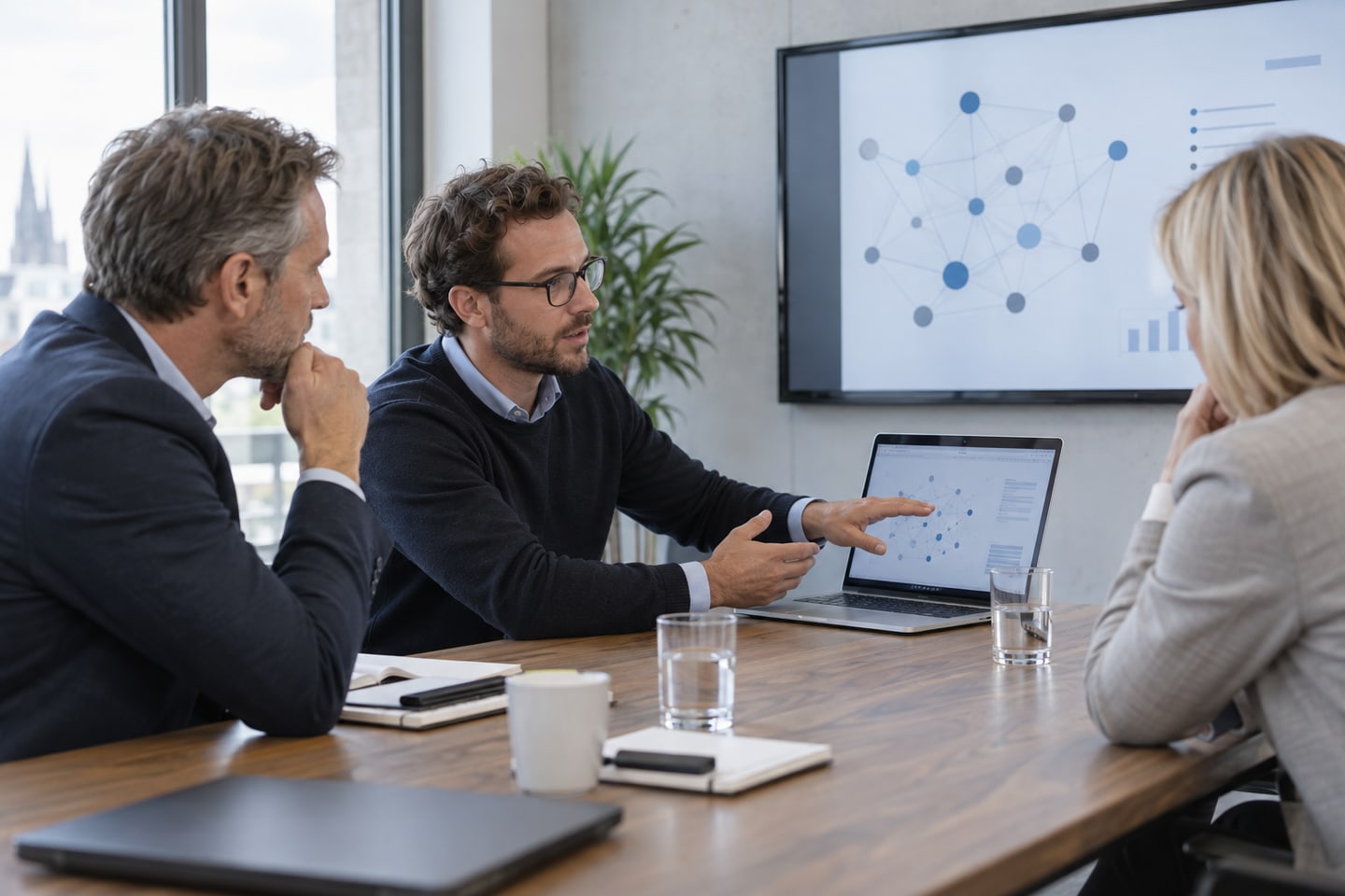 EDV-Sachverständiger erläutert technische Ergebnisse in einer Besprechung EDV-Sachverständiger erläutert technische Ergebnisse in einer Besprechung