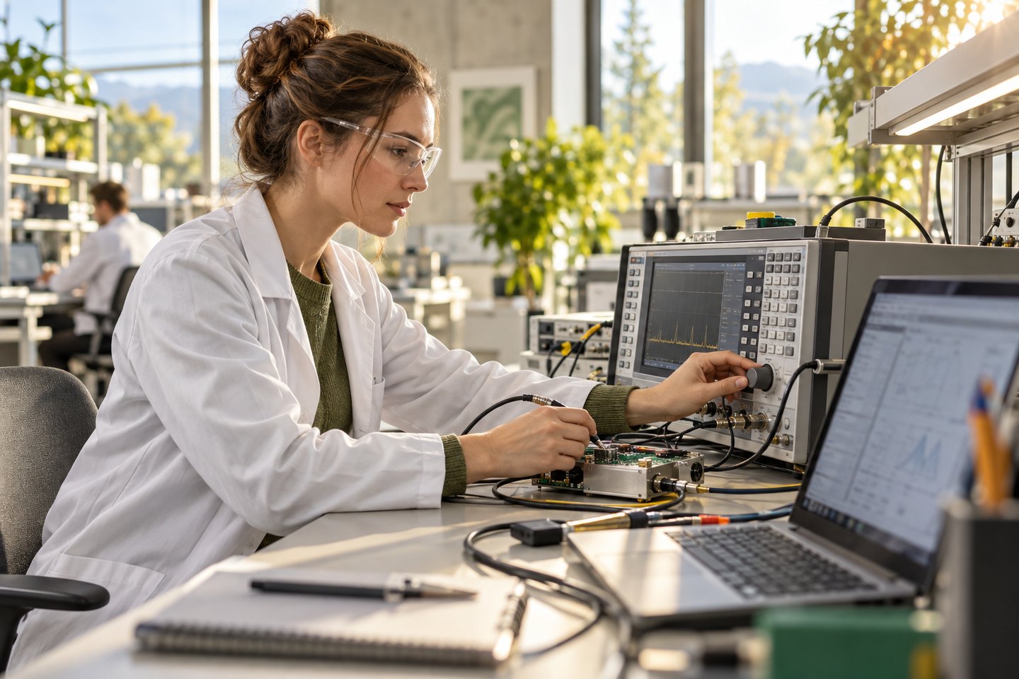 Technikerin prüft ein elektronisches Messgerät im Labor Technikerin prüft ein elektronisches Messgerät im Labor