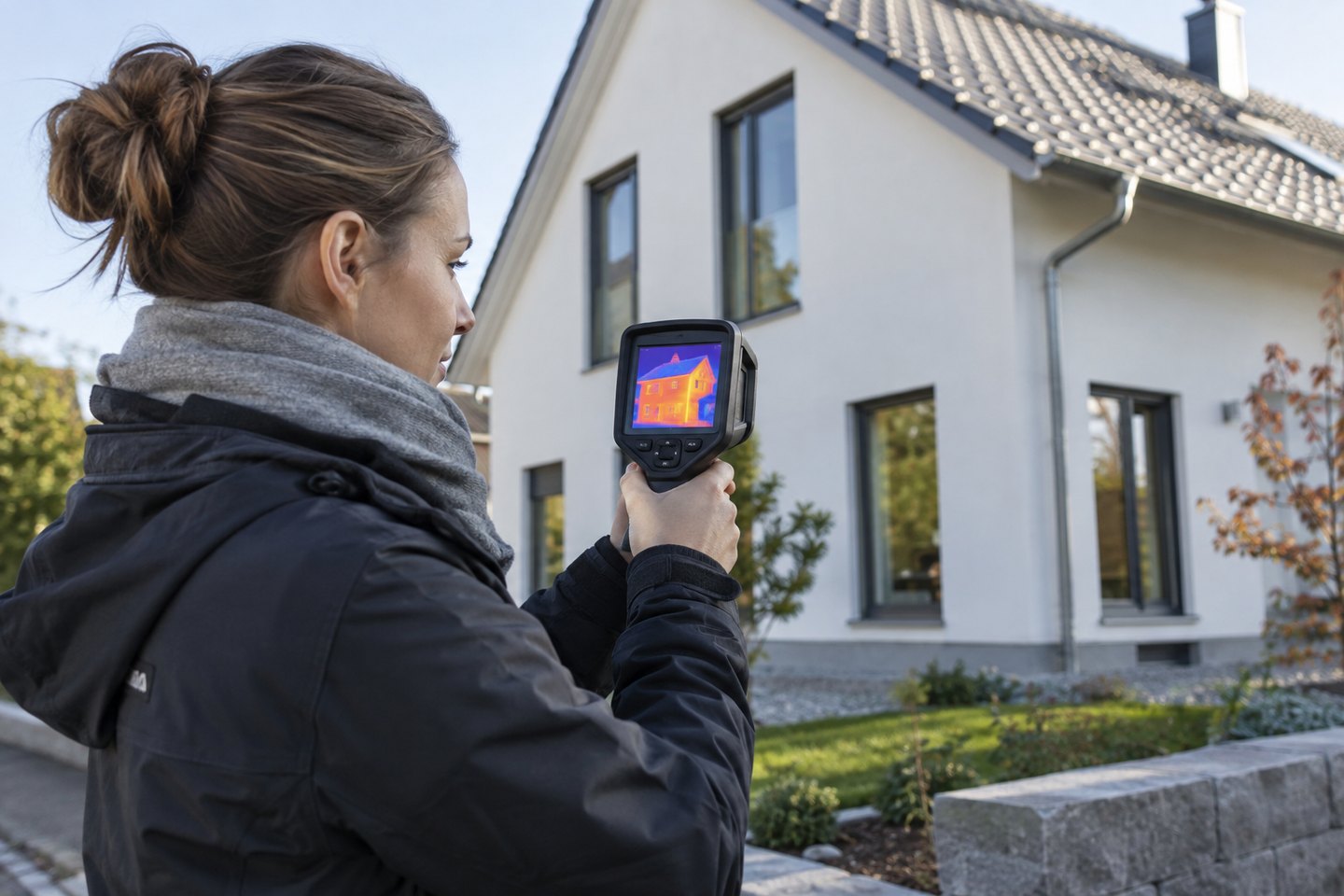 Energieberaterin untersucht die Fassade eines Wohnhauses mit einer Wärmebildkamera Energieberaterin untersucht die Fassade eines Wohnhauses mit einer Wärmebildkamera