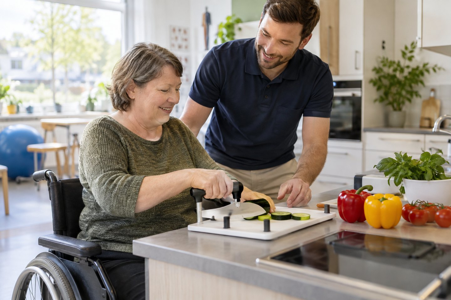 Ergotherapeut begleitet eine Patientin beim Alltagstraining in einer Übungsküche Ergotherapeut begleitet eine Patientin beim Alltagstraining in einer Übungsküche