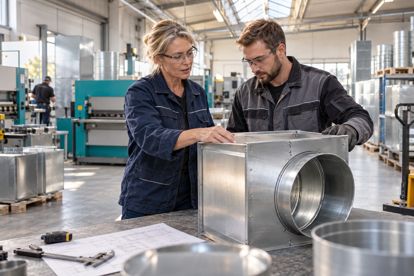 Betriebsleiterin und Techniker besprechen ein Bauteil in einer hellen Fertigungshalle