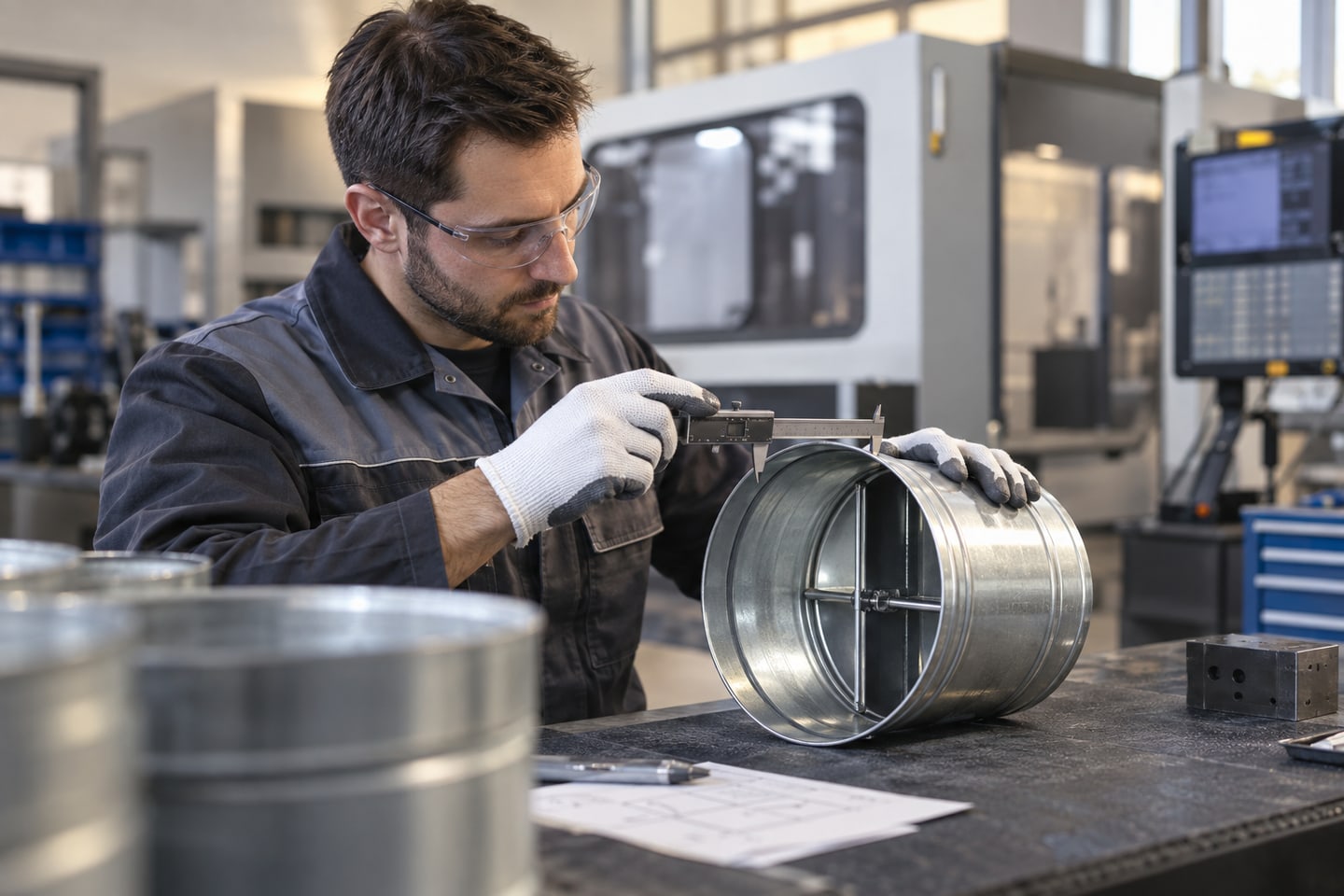 Techniker kontrolliert die Maße eines gefertigten Metallbauteils am Prüfplatz