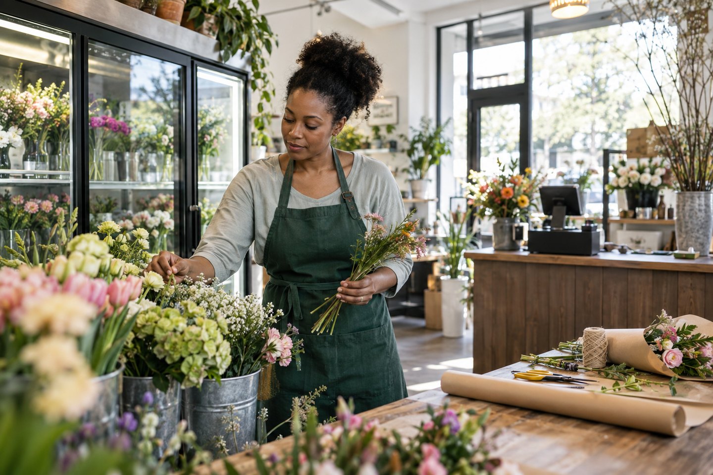 Floristin erfasst Einrichtung, Arbeitsmittel und Waren ihres Blumenladens Floristin erfasst Einrichtung, Arbeitsmittel und Waren ihres Blumenladens