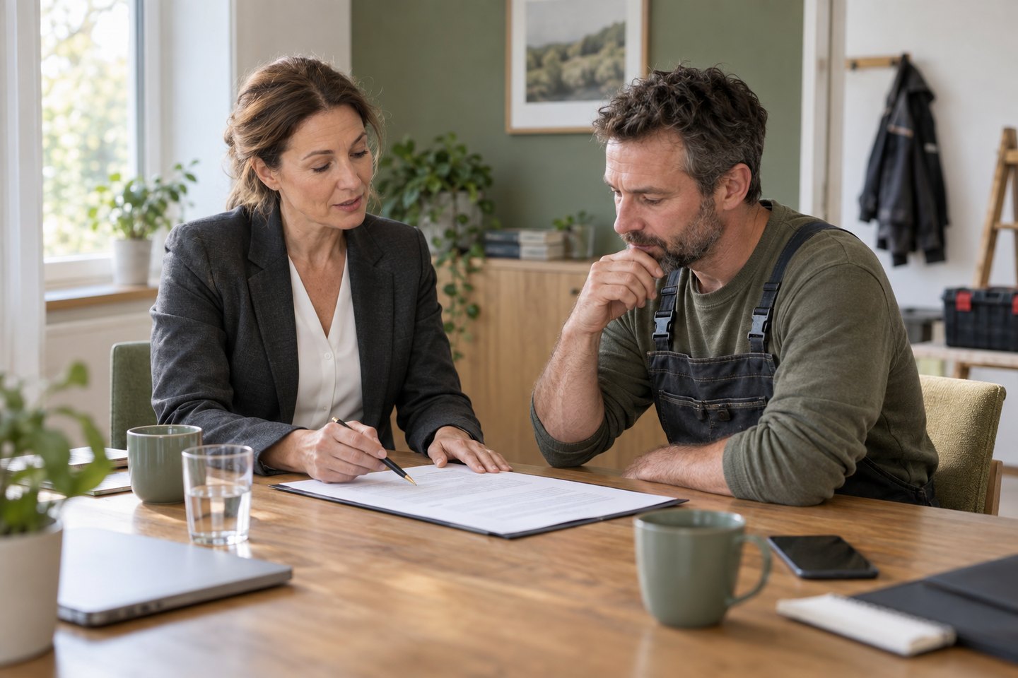 Handwerksunternehmer bespricht Vertragsunterlagen mit einer Rechtsanwältin Handwerksunternehmer bespricht Vertragsunterlagen mit einer Rechtsanwältin