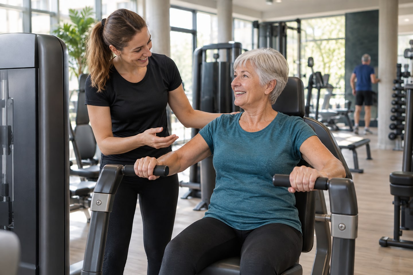 Trainerin erklärt einem älteren Mitglied ein Trainingsgerät im Fitnessstudio Trainerin erklärt einem älteren Mitglied ein Trainingsgerät im Fitnessstudio