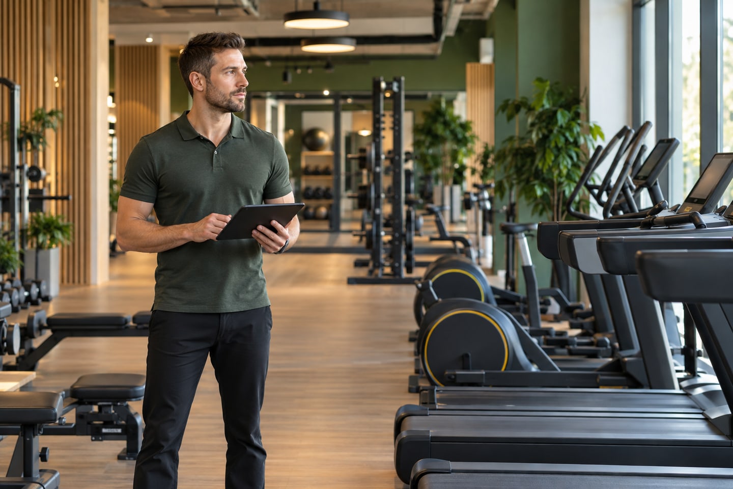 Fitnessstudioleiter kontrolliert die Trainingsfläche mit einem Tablet Fitnessstudioleiter kontrolliert die Trainingsfläche mit einem Tablet