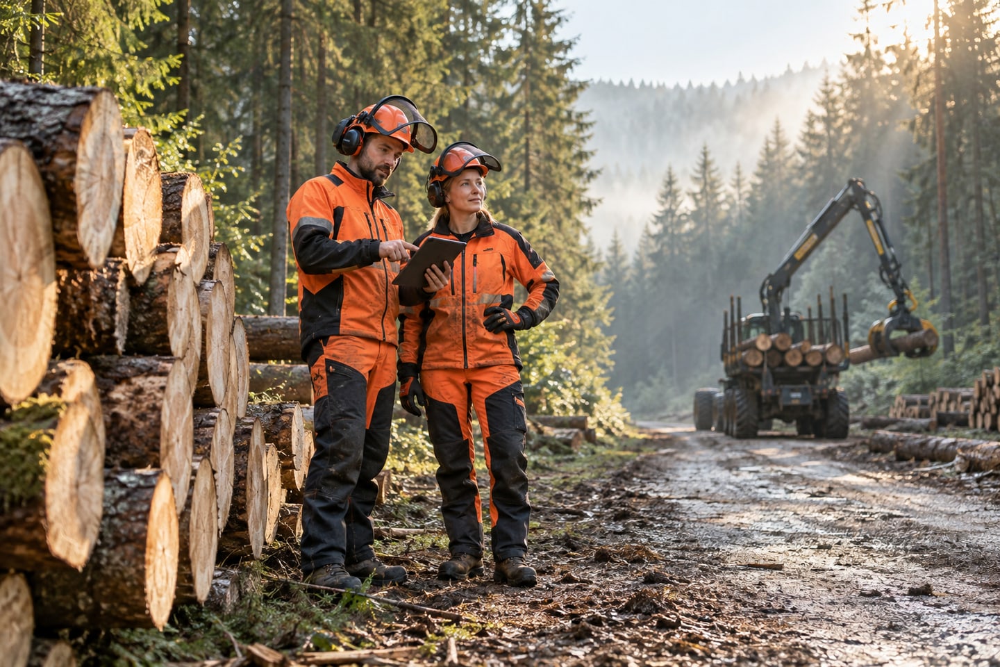 Zwei Forstfachkräfte in Schutzkleidung besprechen einen Einsatz am Holzpolter