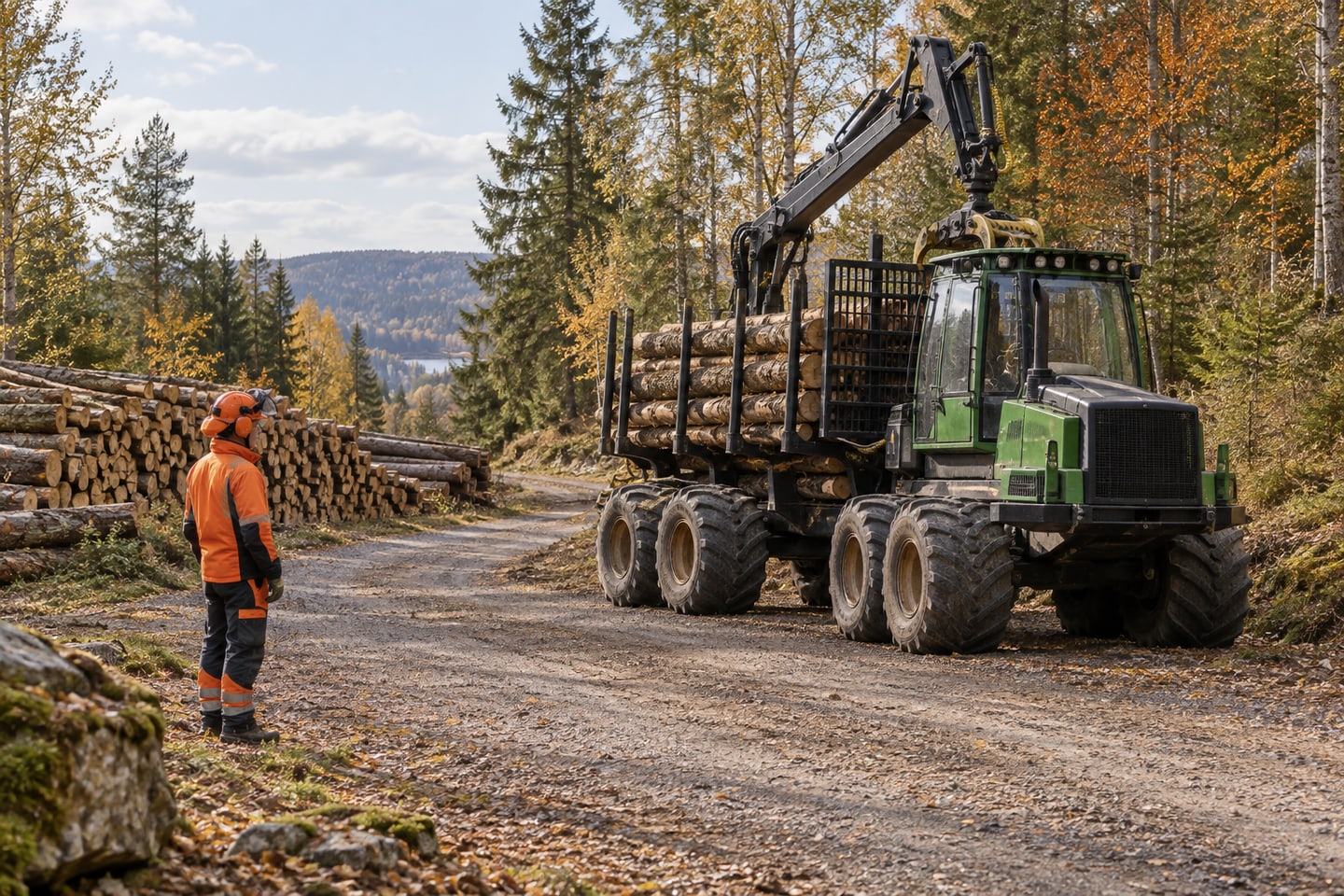 Forstmaschine und geordnete Holzpolter an einem Waldarbeitsweg