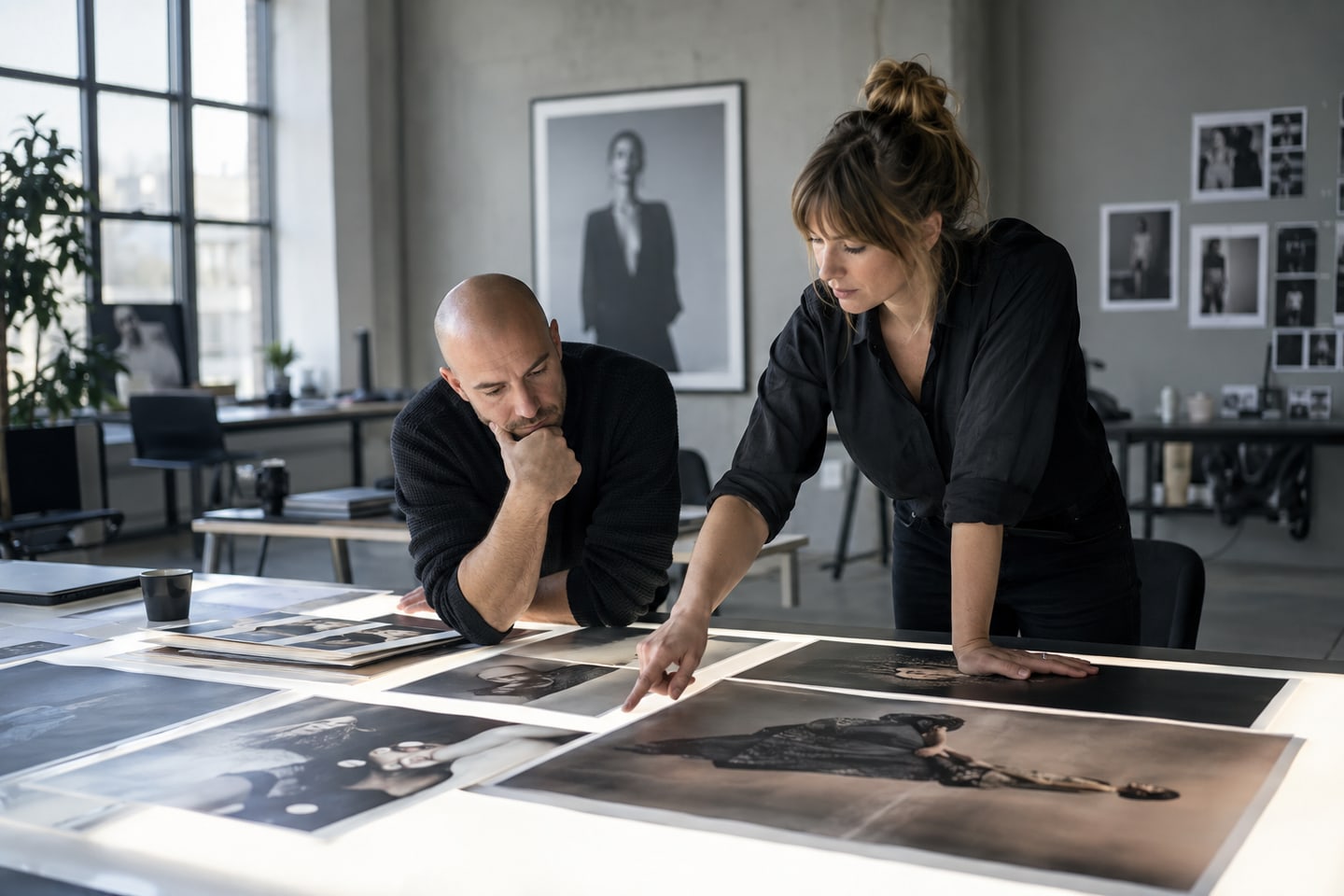 Fotodesigner und Produzentin wählen großformatige Motive für eine Bildserie aus Fotodesigner und Produzentin wählen großformatige Motive für eine Bildserie aus
