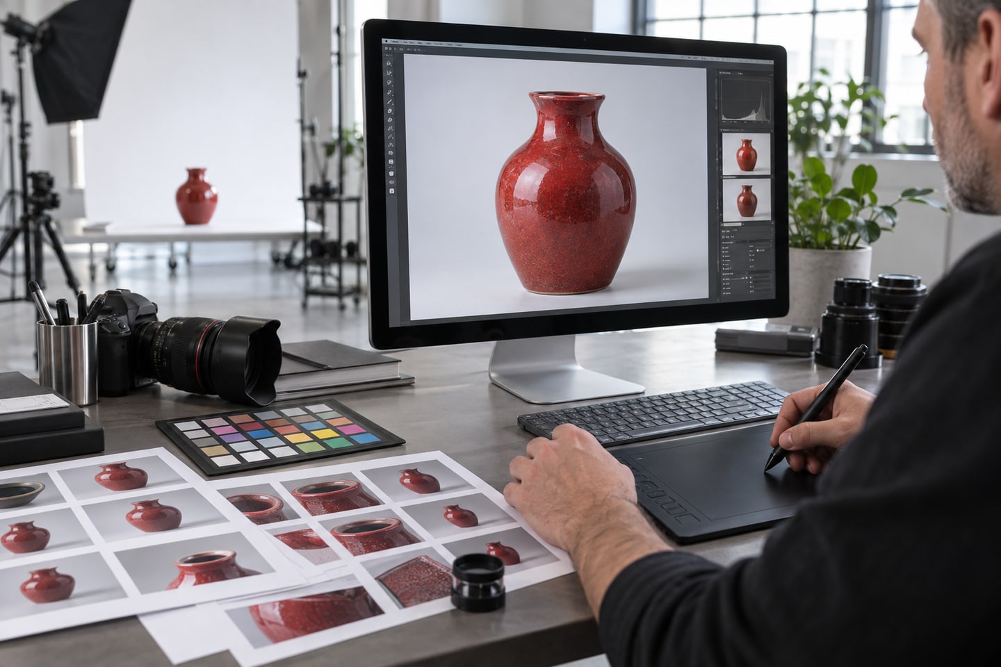Detail eines professionellen Retuschearbeitsplatzes mit Grafiktablett und Bildmustern Detail eines professionellen Retuschearbeitsplatzes mit Grafiktablett und Bildmustern