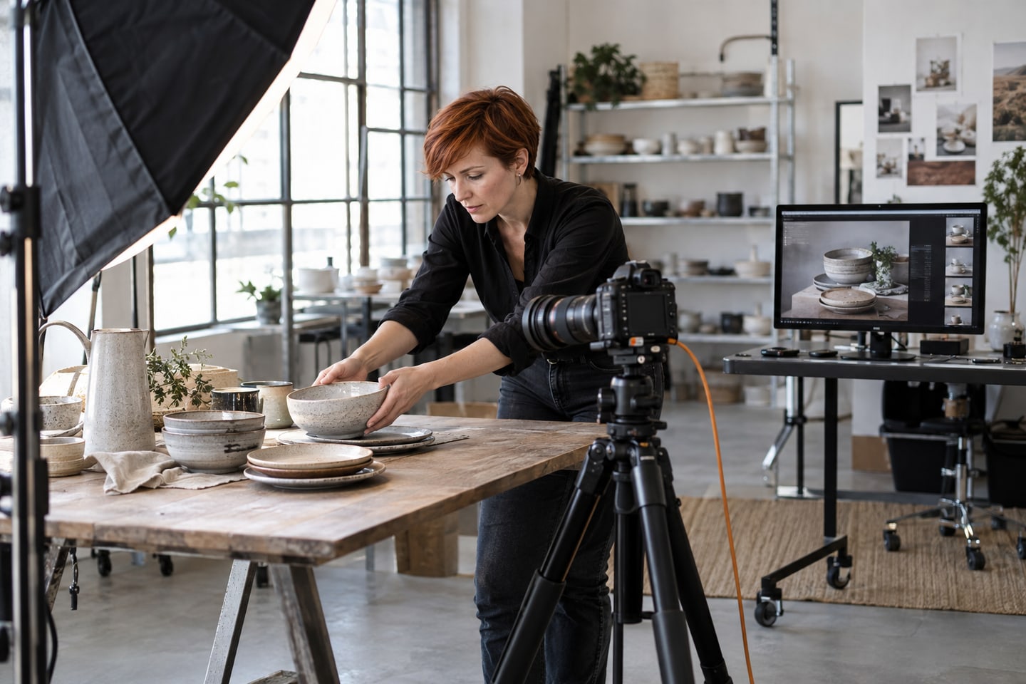 Fotografin arrangiert Keramik für ein professionelles Produktshooting im Fotostudio Fotografin arrangiert Keramik für ein professionelles Produktshooting im Fotostudio