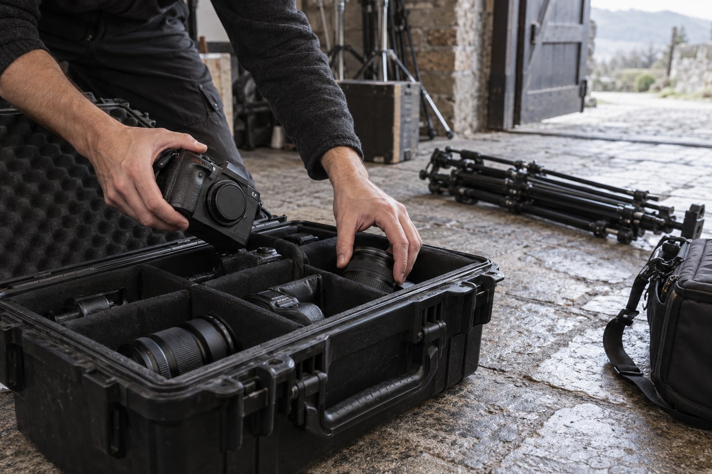 Kamera und Objektive werden nach einem Fotoshooting in einen gepolsterten Transportkoffer gepackt Kamera und Objektive werden nach einem Fotoshooting in einen gepolsterten Transportkoffer gepackt